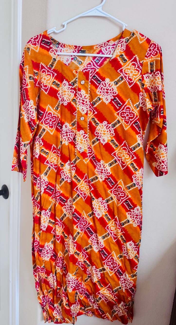 Indian Orange Kurta Dress with Geometric Print